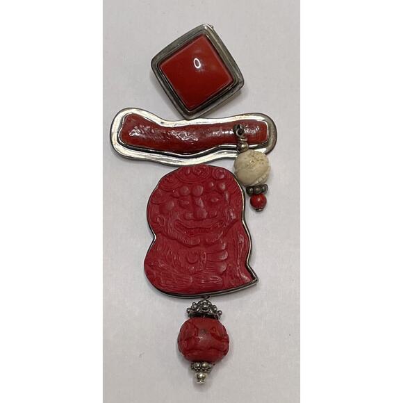 Amy Kahn Russell Carved Cinnabar Foo Dog Pendant Coral Jasper Carnelian Sterling